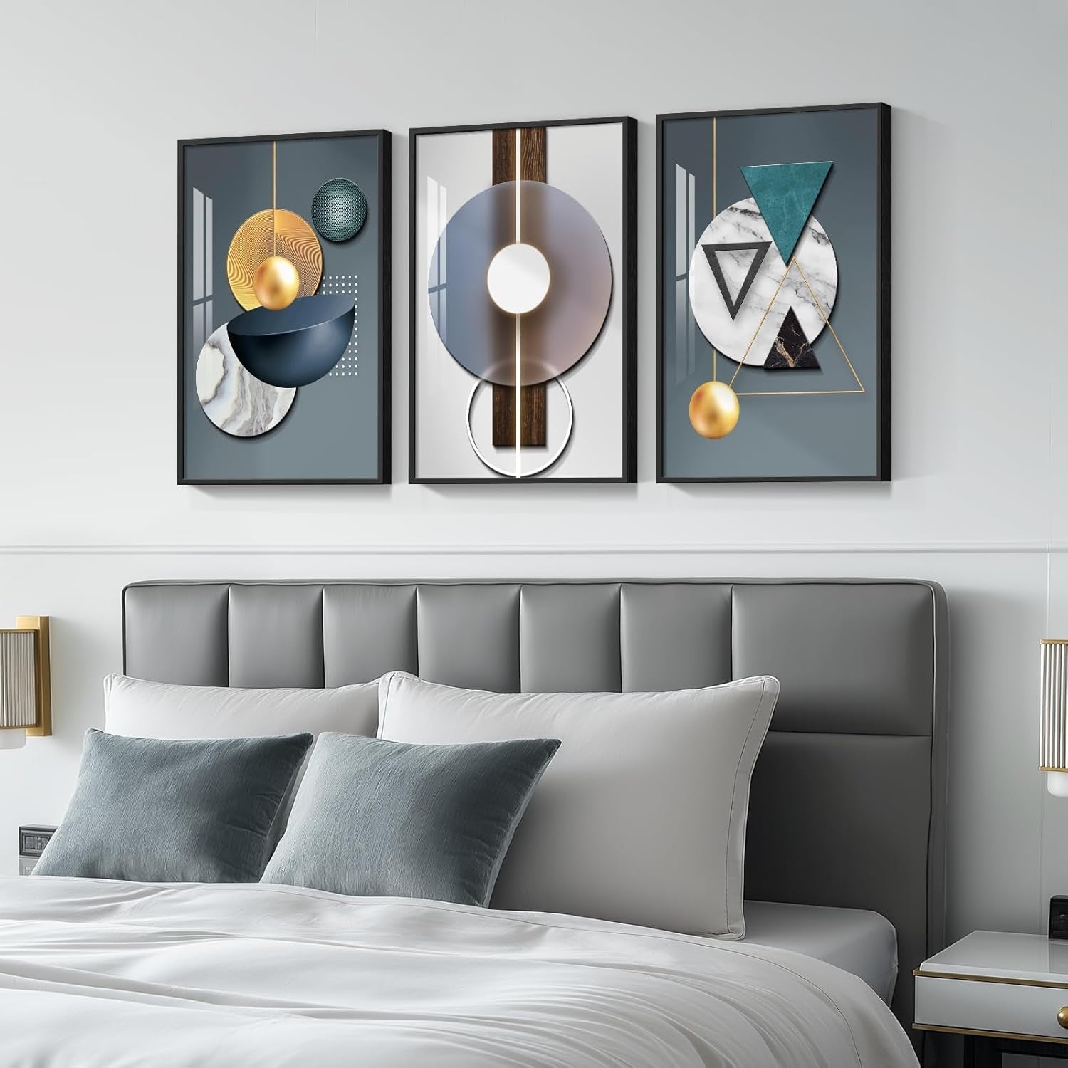 Navy Blue Geometric Circle Canvas Wall Art 3 Panels 16x24" Decor