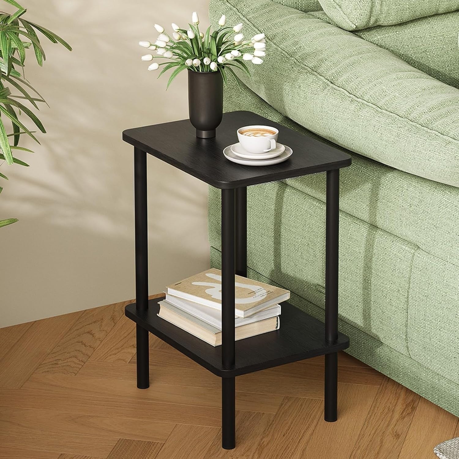 Black 2-Tier Narrow Side Table with Storage Shelf – Slim Bedside End Table