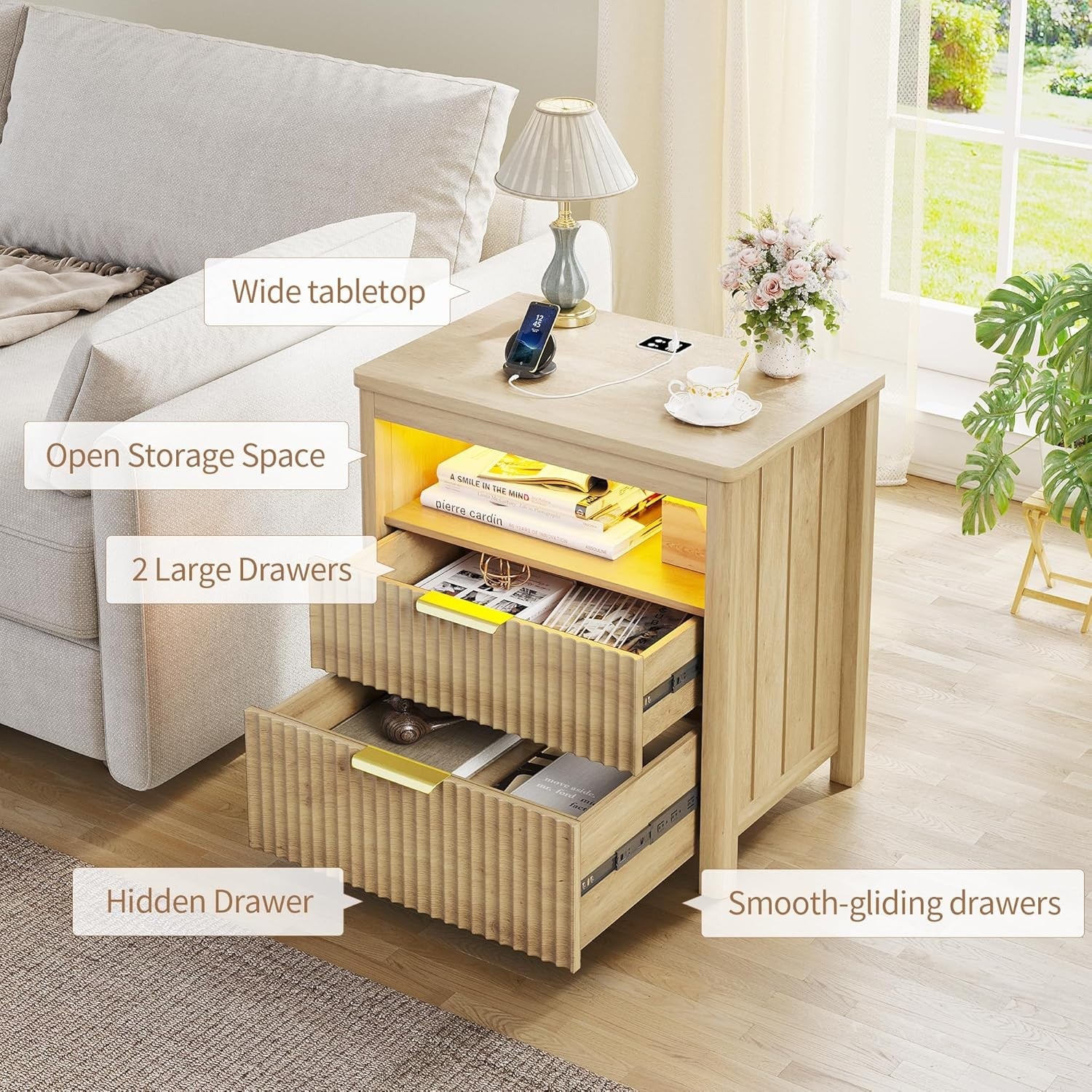 24" Natural Wood Bedside Table with Charging Station, LED Light & 3 Drawers