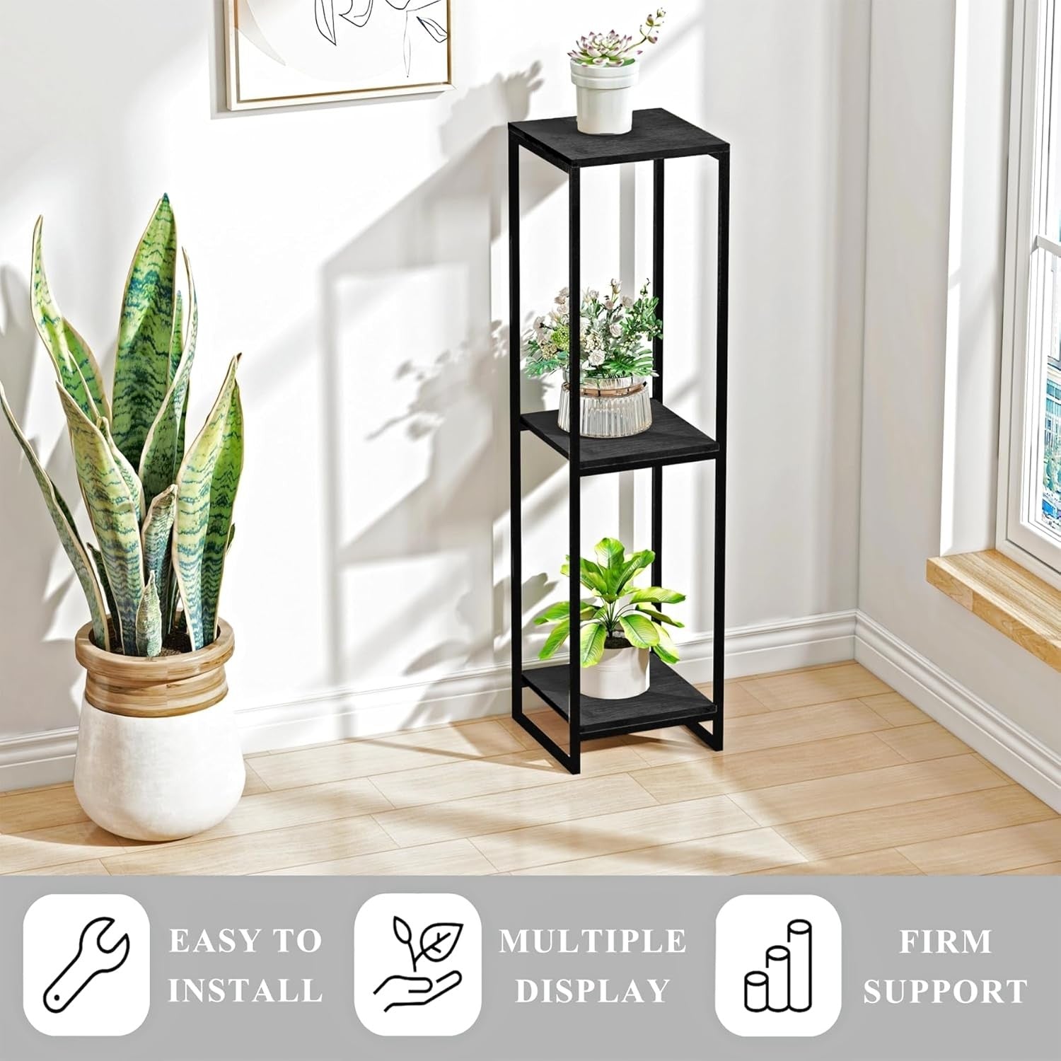 46" Tall 3 Tier Black Metal Plant Stand Indoor Modern Flower Pot Shelf