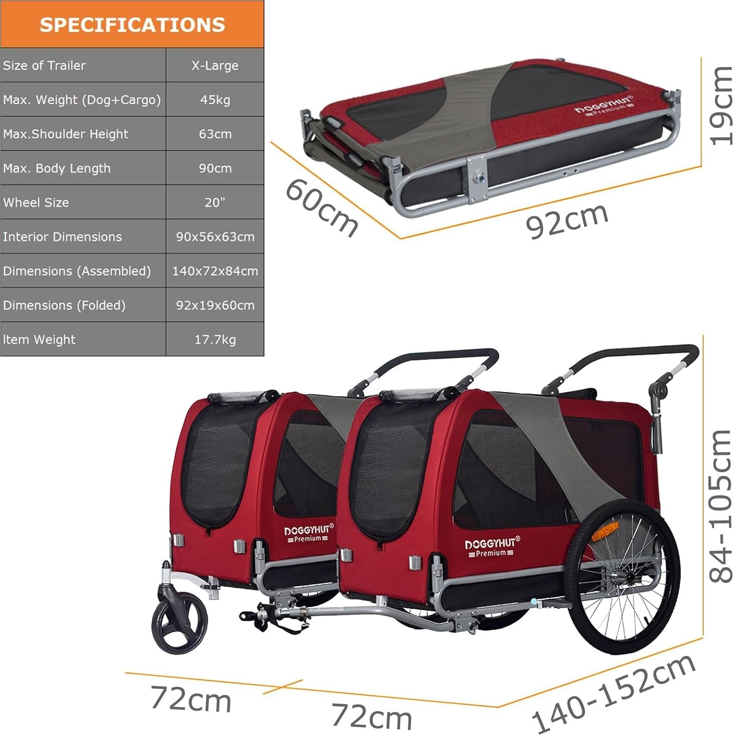 Heavy Duty Dog Bike Trailer Stroller XL 45kg Red Black