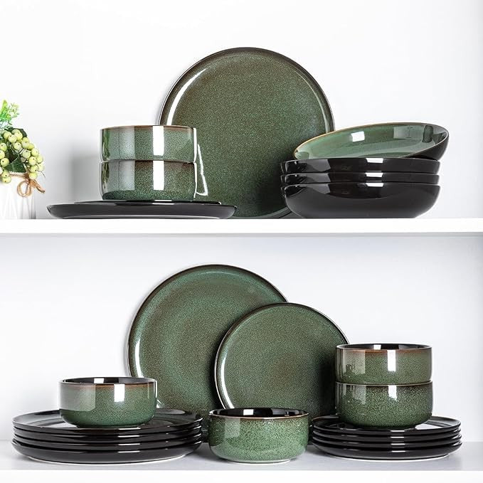 24pc Stoneware Dinner Set for 8 Jade Green Plates Bowls Microwave Safe