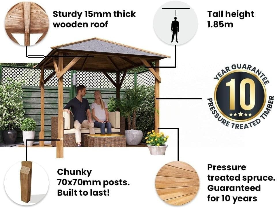 2x2M Wooden Garden Gazebo Heavy Duty Shelter Pressure-Treated Spruce