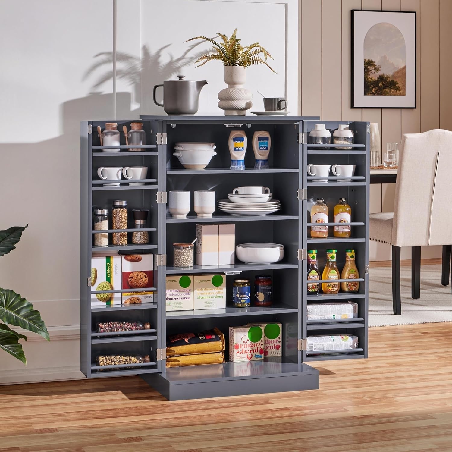 Dark Grey Kitchen Cupboard 6 Shelf Wooden Pantry Storage Cabinet Unit