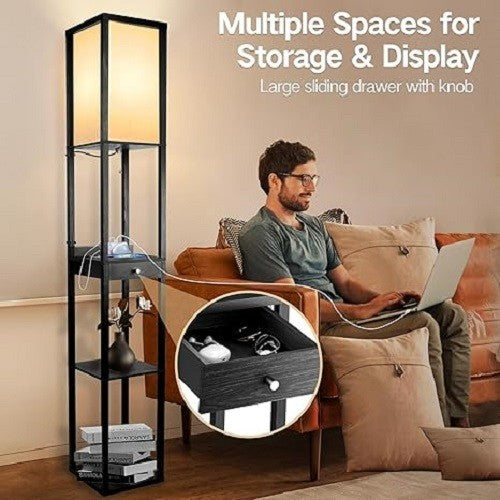 Shelf Floor Lamp with Drawer USB C LED Dimmable Wooden Storage Light