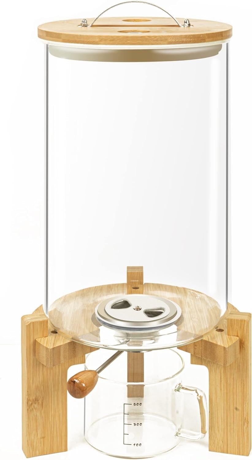Glass Rice Dispenser 8L Airtight Grain Storage Jar Bamboo Stand Bin