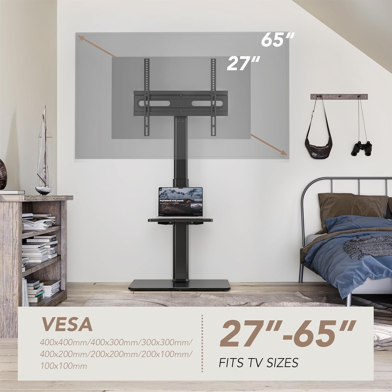 Height Adjustable Floor TV Stand 27–65" with Shelf & 70° Swivel Mount - Black