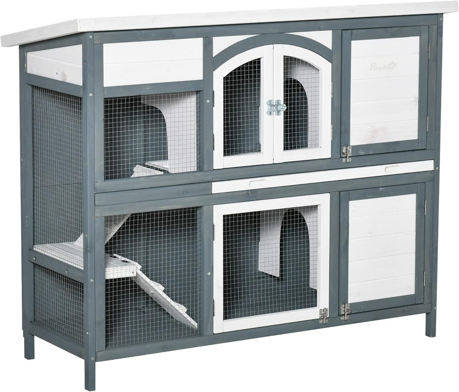 Large 2 Tier Wooden Rabbit Hutch Guinea Pig Cage with Ramp Divider Roof