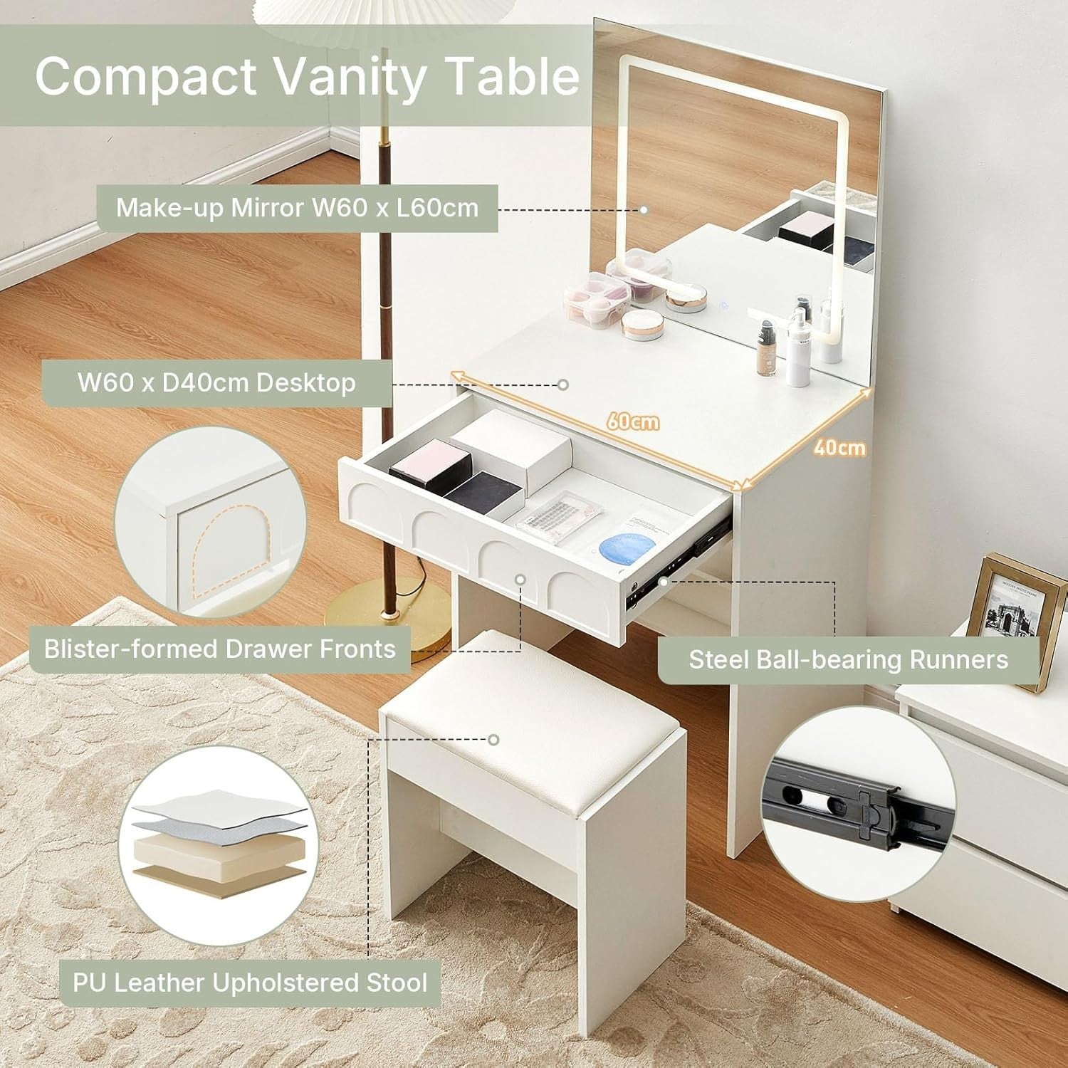 Modern Dressing Table Vanity Set Touch Screen LED Mirror Makeup Desk White