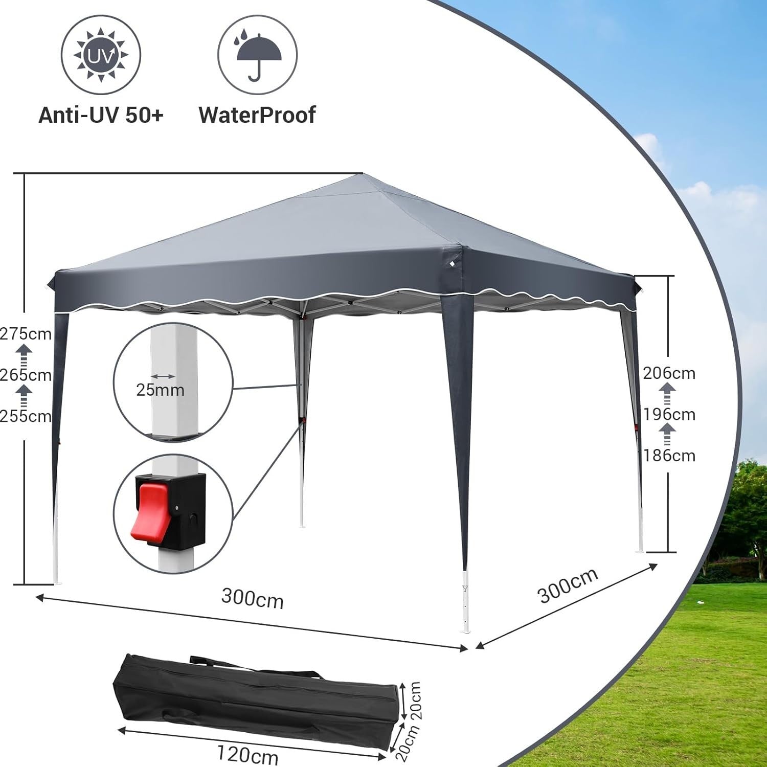 3x3M Waterproof Pop Up Garden Gazebo with 4 Sides & Mesh Windows | Heavy Duty