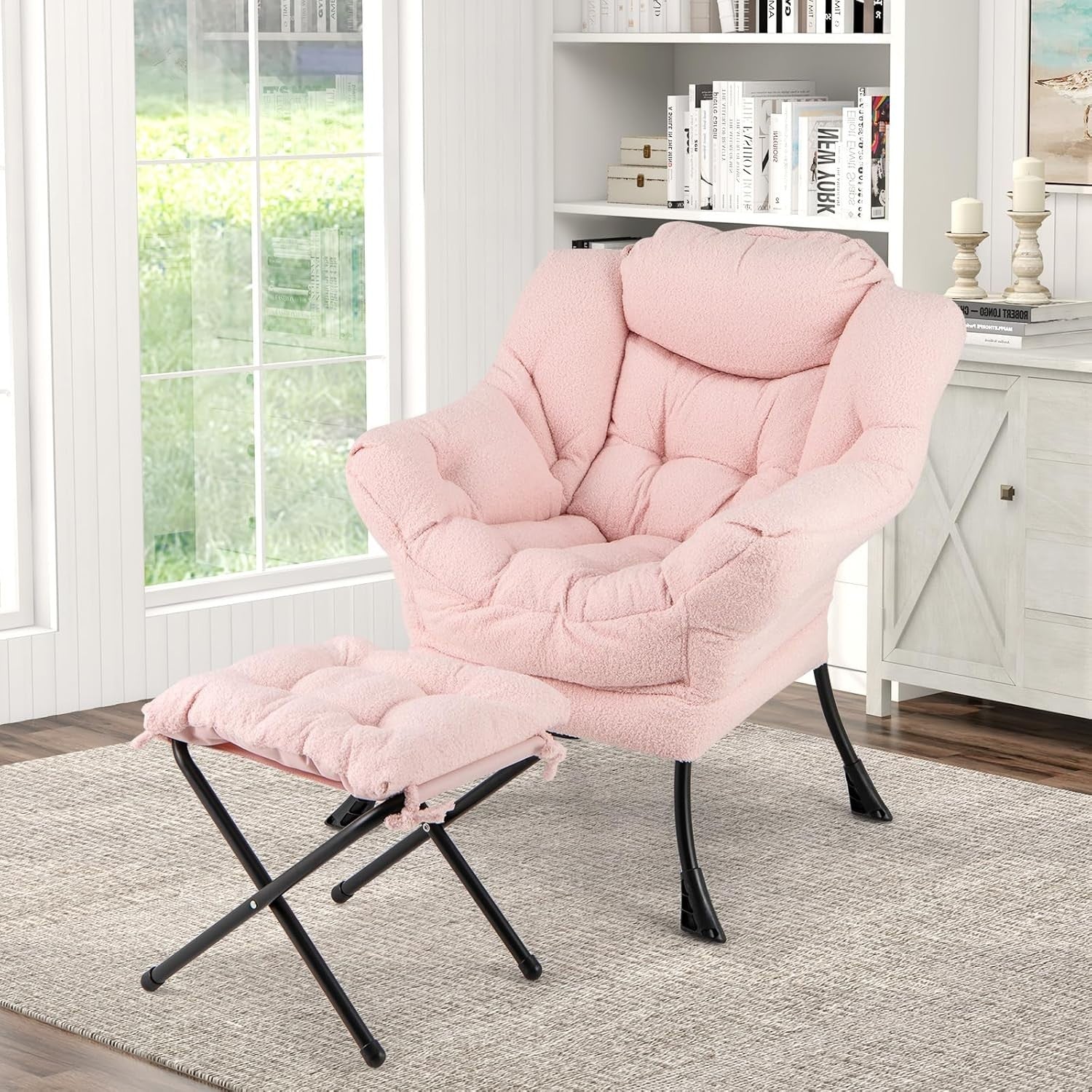Pink Sherpa Accent Chair with Footstool Comfy Lounge Reading Armchair