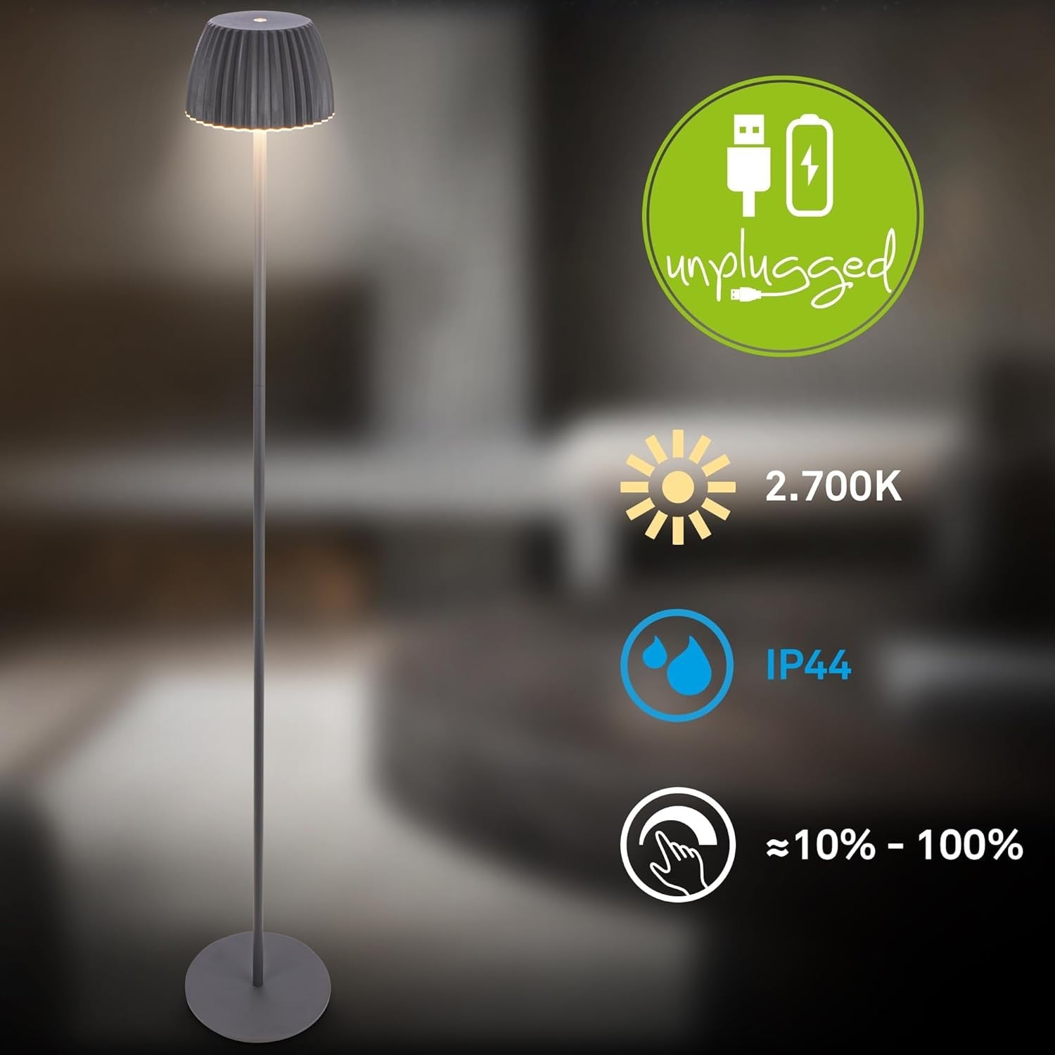 Rechargeable LED Floor Lamp Anthracite Touch Dimmable Wireless IP44