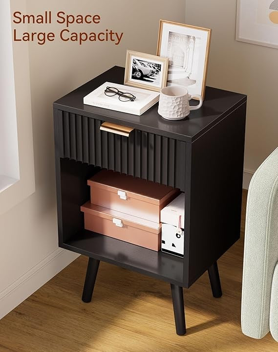 Black Mid Century Bedside Table, Fluted Nightstand with Drawer & Shelf, Solid