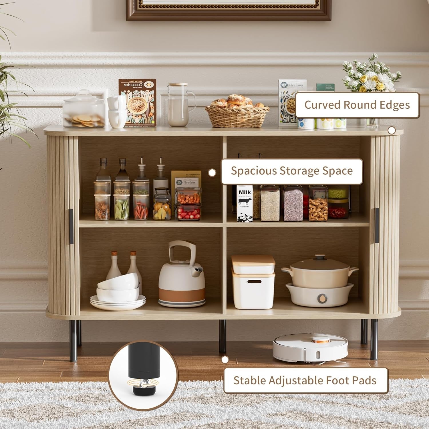 Modern Beige Sideboard Cabinet Buffet Cupboard with Sliding Tambour Doors
