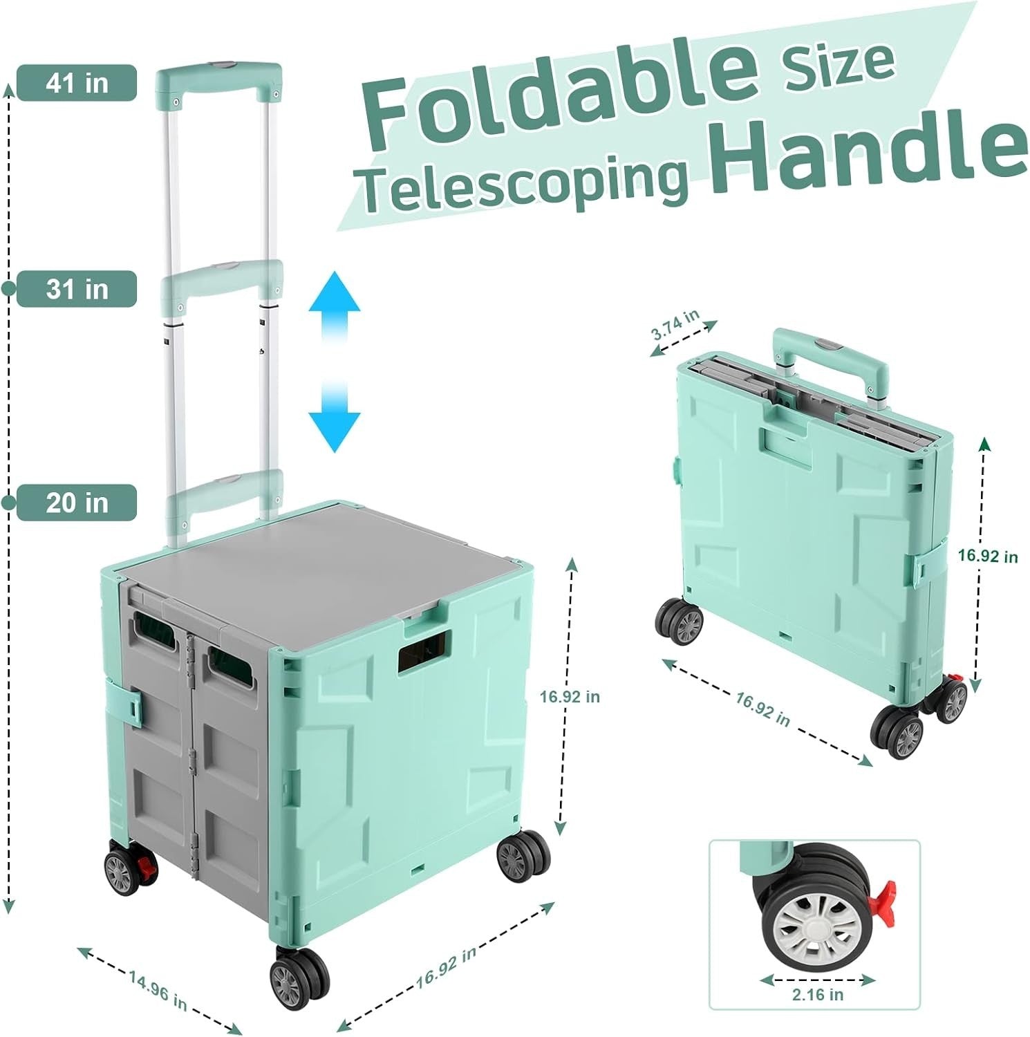 Foldable Grocery Trolley Cart 50Kg Portable Storage Box w/ Lid Green