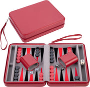 Travel Backgammon Set 9in Deluxe Faux Leather Zip Case Portable Board Game