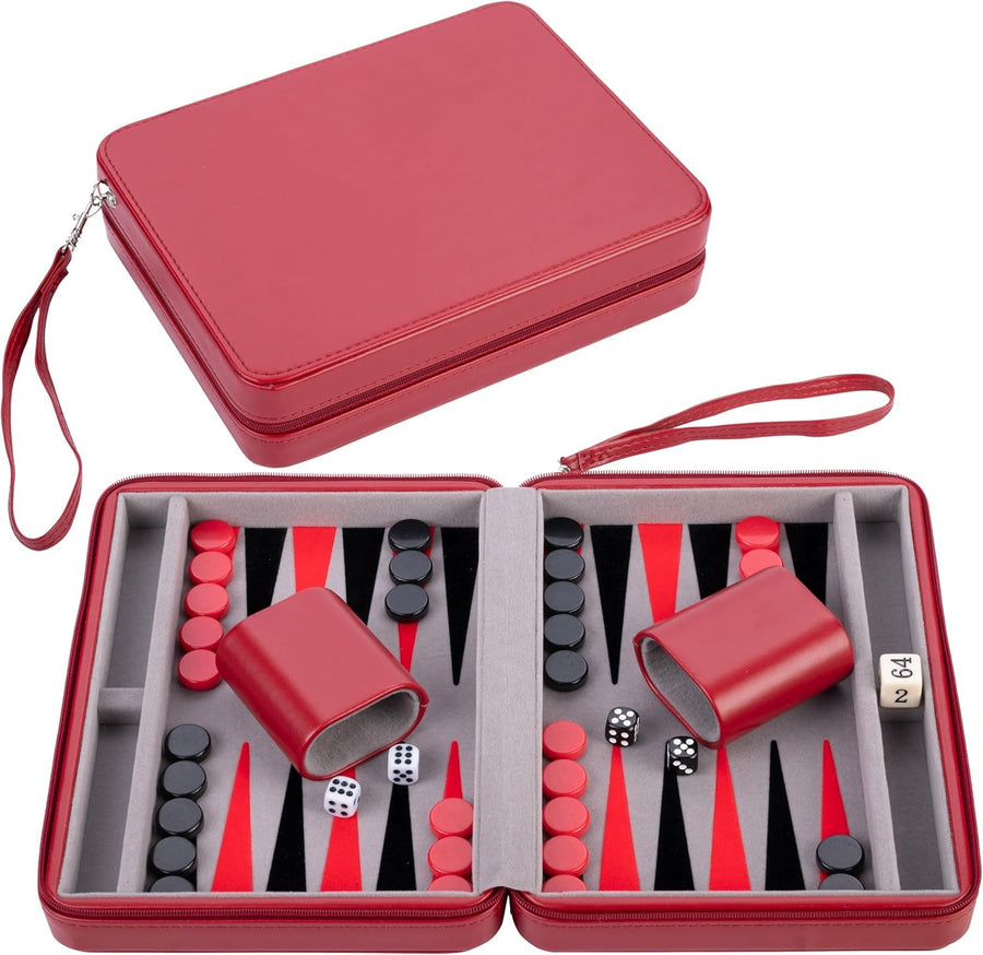 Travel Backgammon Set 9in Deluxe Faux Leather Zip Case Portable Board Game
