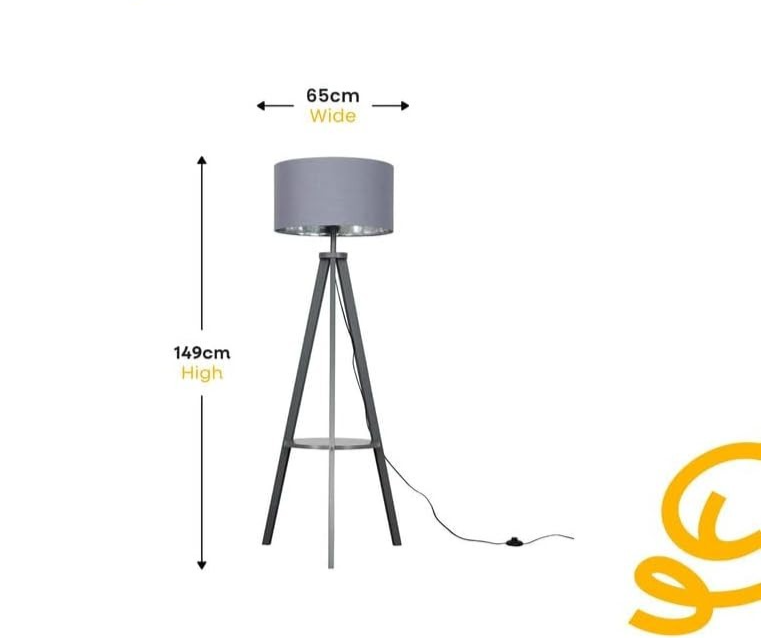 Modern Grey Wood Tripod Floor Lamp w/ Shelf & Pink Shade E27 Bulb Loft Style