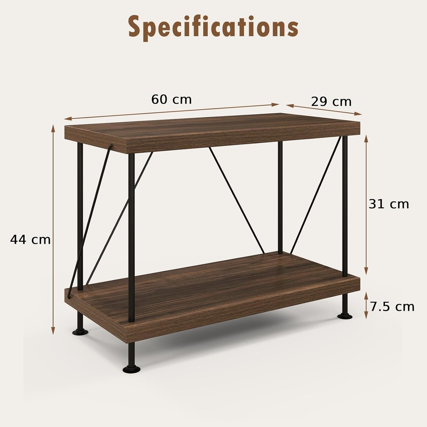 2-Tier Industrial Bookshelf Metal Frame Rustic Wood Storage Display Table Unit