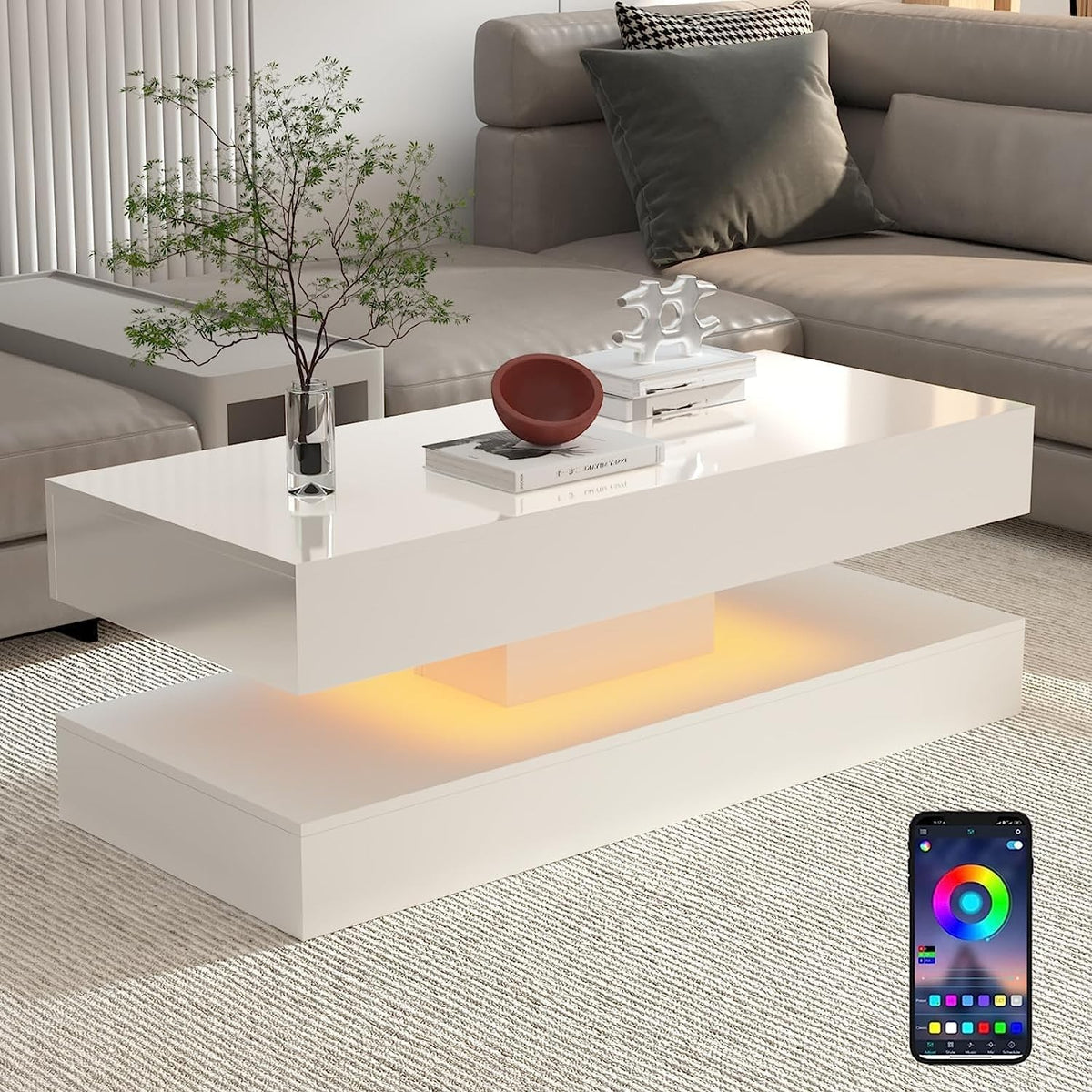 Modern White High Gloss Coffee Table with 16-Color LED Lights & Large Capacity