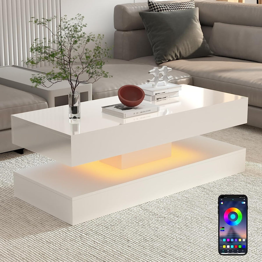 Modern White High Gloss Coffee Table with 16-Color LED Lights & Large Capacity