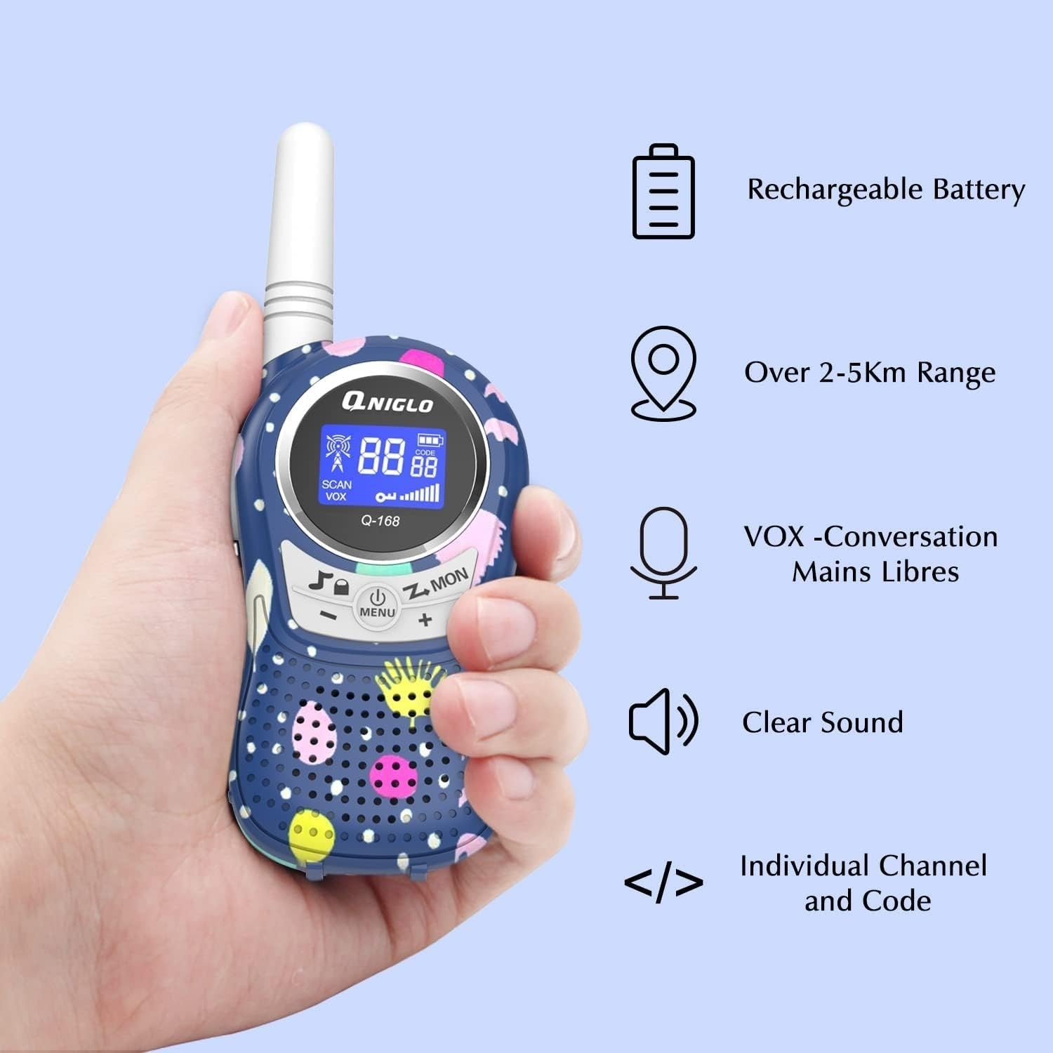 Kids Rechargeable Walkie Talkies Long Range VOX PMR 8 Channel Pink Blue