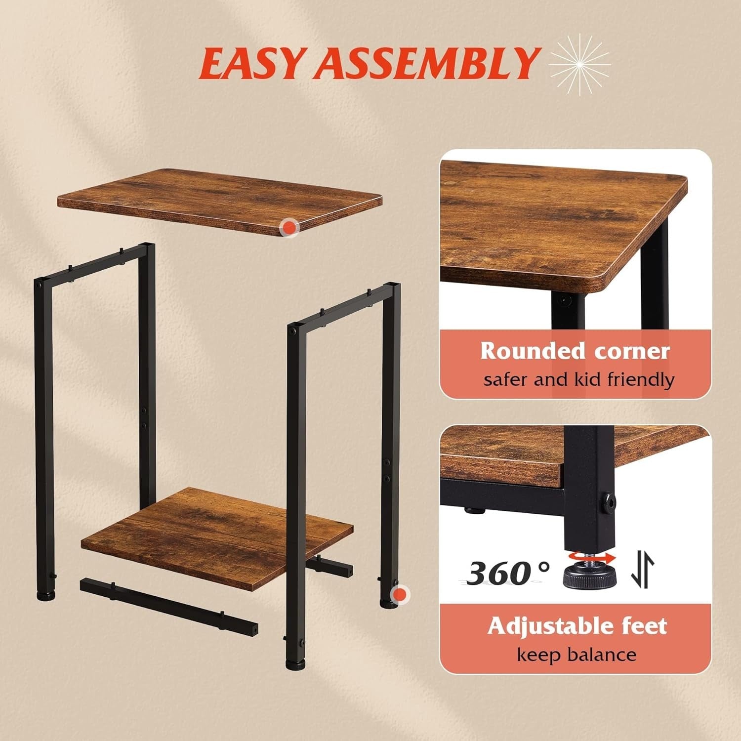 Set of 2 Rustic Brown 2-Tier Side Tables with Adjustable Feet, Sturdy Storage