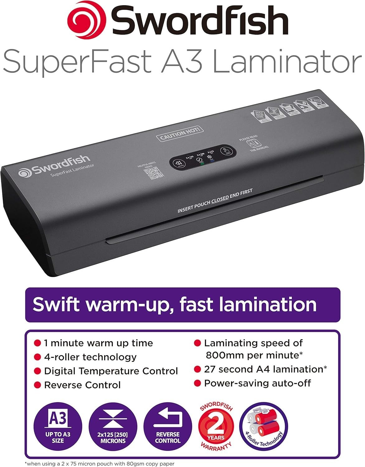A3 Laminator Super Fast 1 Min Warm Up 4 Roller Auto Reverse Hot Cold