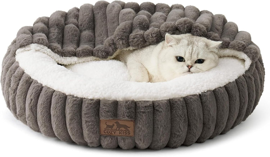 Round Cat Bed with Blanket Washable Faux Fur Pet Sofa Non Slip Bottom
