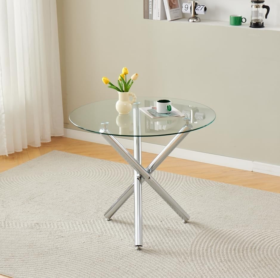 Modern 5-Piece Round Glass Dining Table Set with 4 Grey Fabric Chairs