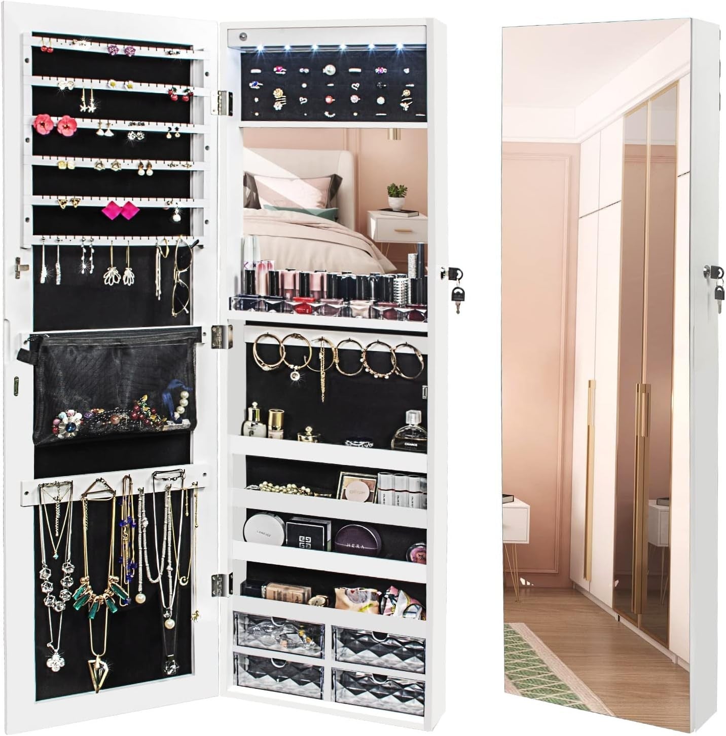 Wall Mounted Jewelry Cabinet LED Light Full Length Mirror Lockable Storage