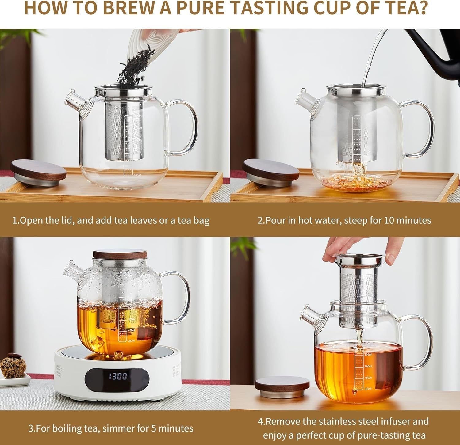 40oz Glass Teapot with Infuser Heat Resistant Borosilicate Tea Pot Lid
