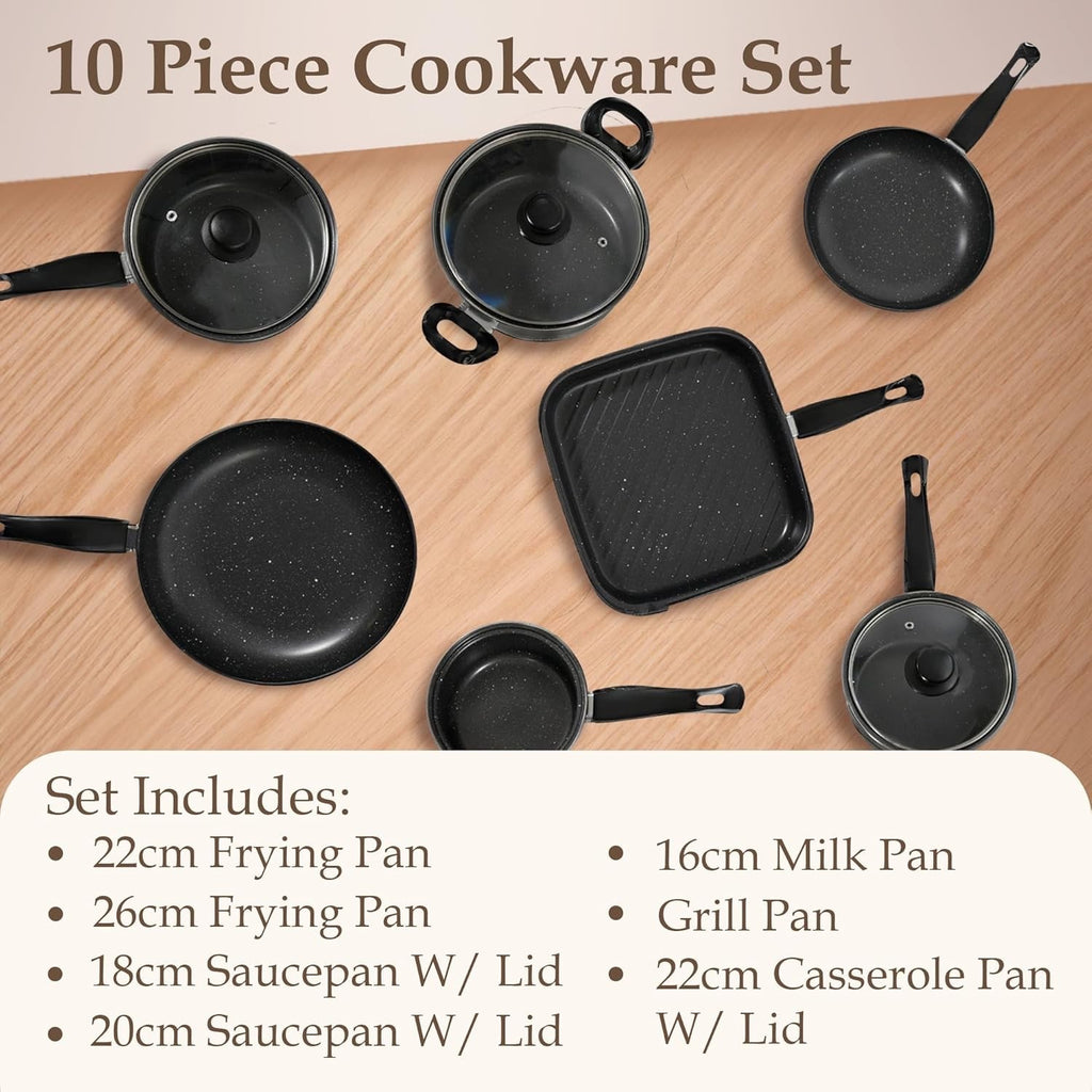 10Pcs Marble Non Stick Cookware Pots and Pans Set with Glass Lids & Grill Pan