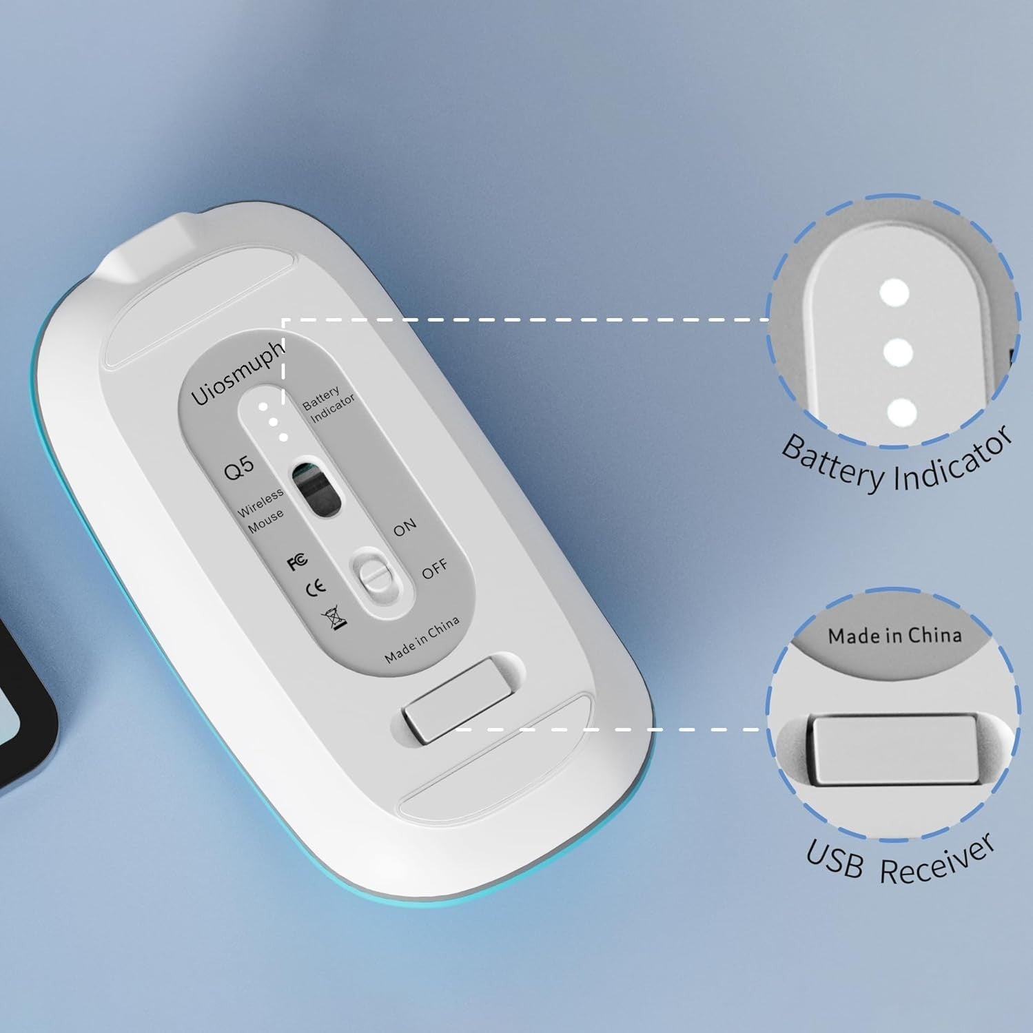 Rechargeable Wireless Mouse Silent Slim 2.4G 1600 DPI Blue