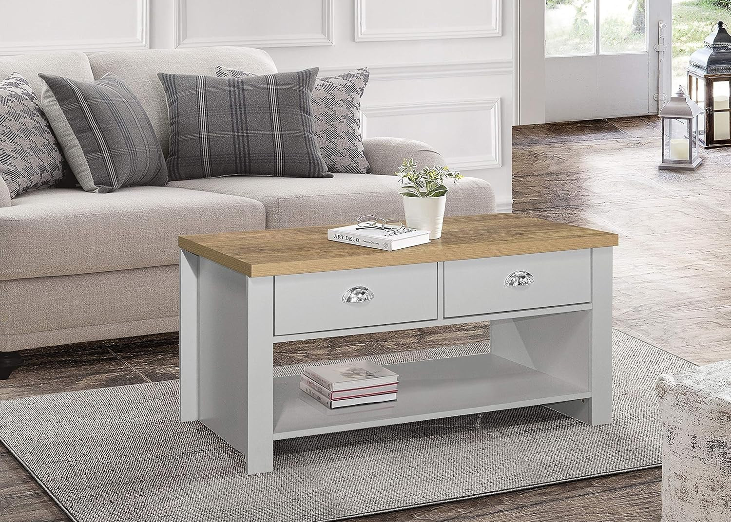 Farmhouse Grey & Oak Coffee Table 2 Drawer Storage Shelf Modern Rustic Style