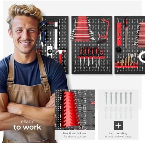 Wall-Mount Pegboard Kit 3PCS Alloy Steel Black + Red w/ Hooks & Holders