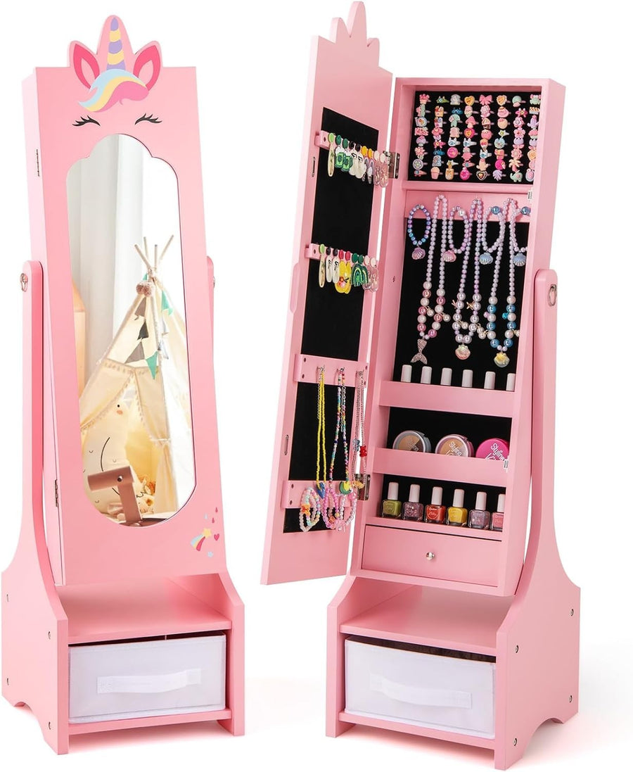Kids Jewelry Armoire Mirror Storage Cabinet Adjustable Dress Up Organizer