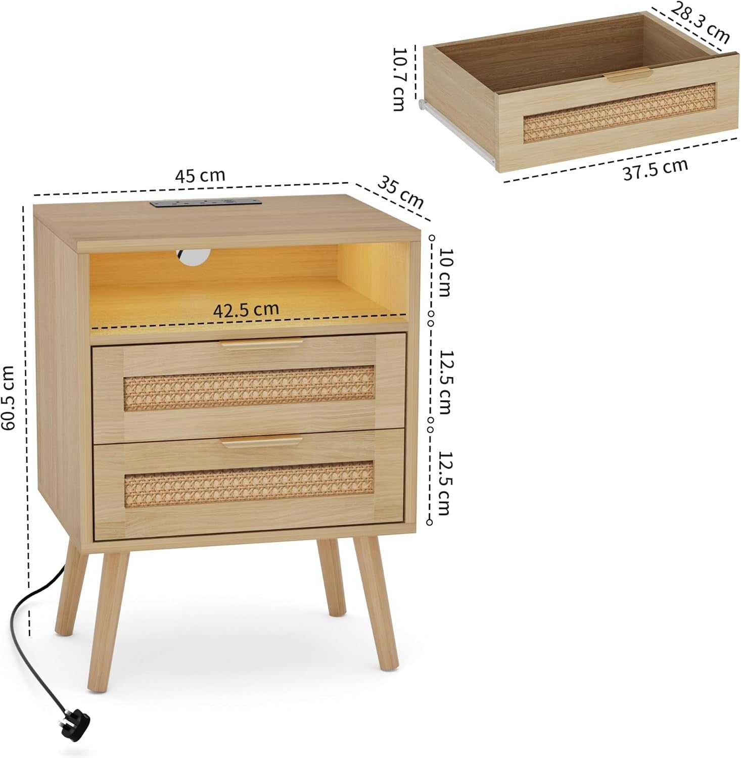 Set of 2 Bedside Table,Nightstand with Charging Station and LED Lights, Bedside