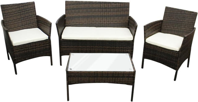 Outdoor Rattan Garden Sofa Set 4-Seater with Brown + Beige Cushions