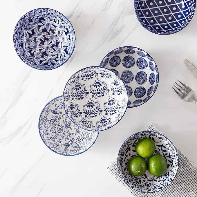 6pc Blue Porcelain Cereal Bowls Set 29oz Deep Soup Ramen Bowls