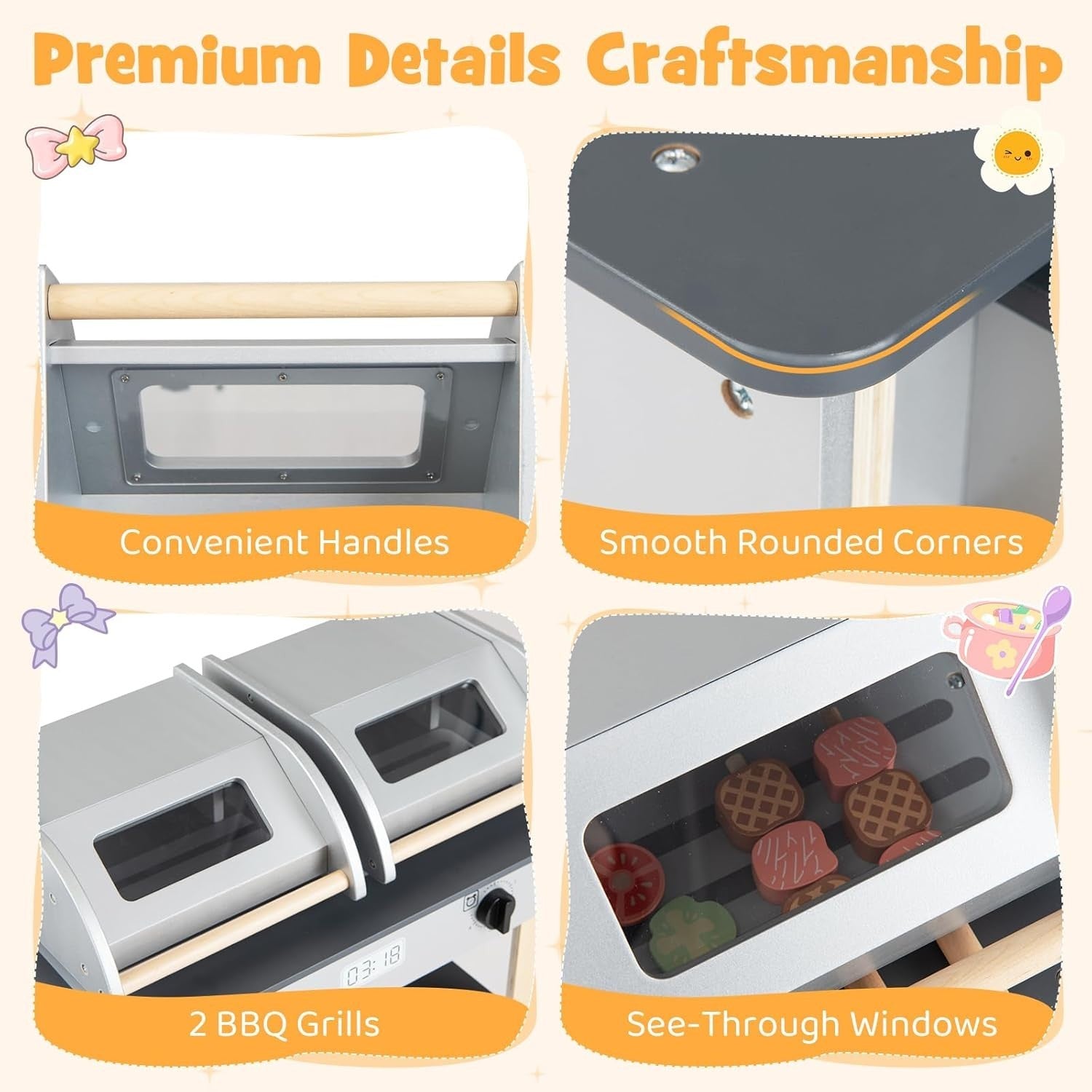 Kids Wooden BBQ Grill Playset Pretend Barbecue Toy Kitchen Set
