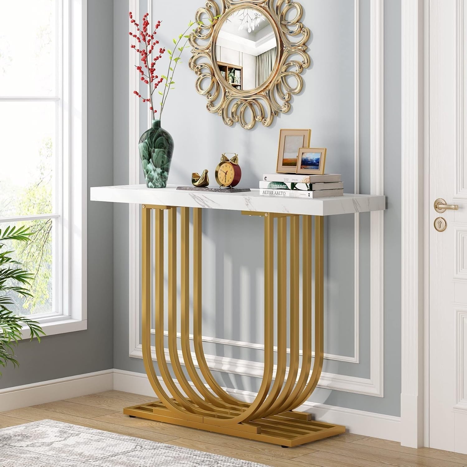 Modern Gold Console Table Faux Marble Top 100x30x82cm Hallway Foyer Desk