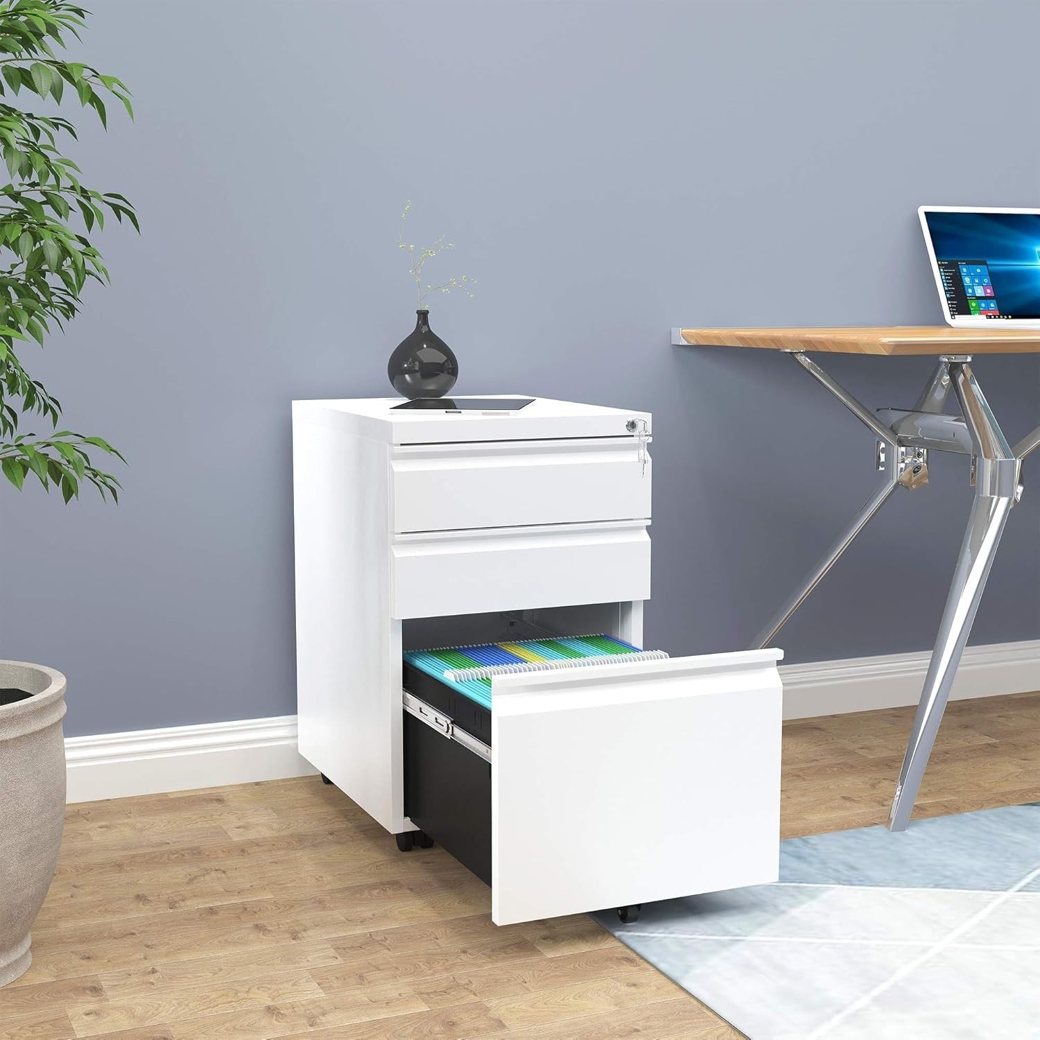 Lockable 3-Drawer Mobile Filing Cabinet Rolling Metal Office Storage White