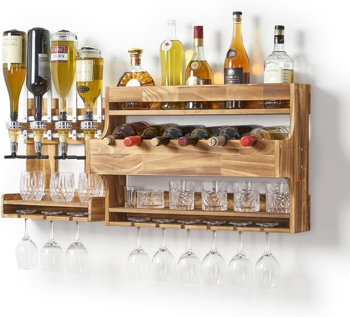 Rustic Wall Mounted Wine & Liquor Rack with Glass Holder – 4 Bottle