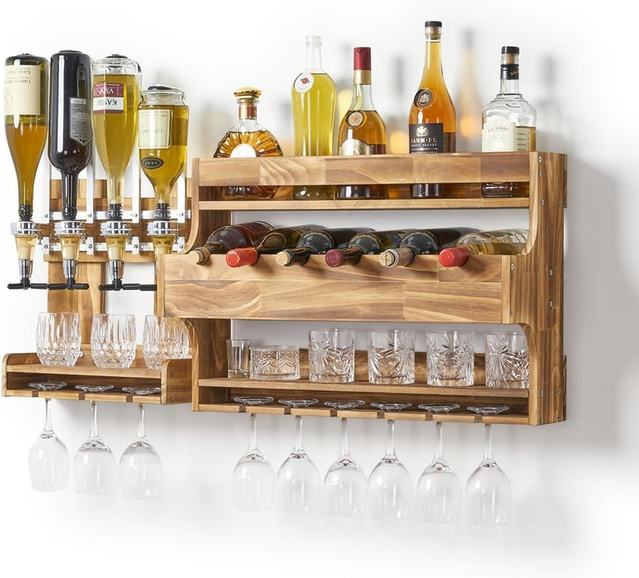 Rustic Wall Mounted Wine & Liquor Rack with Glass Holder – 4 Bottle