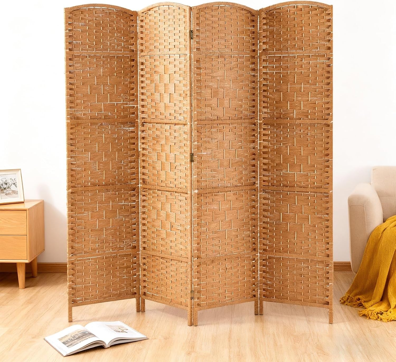 Natural 4 Panel Wicker Folding Room Divider Handwoven Privacy Screen 170cm
