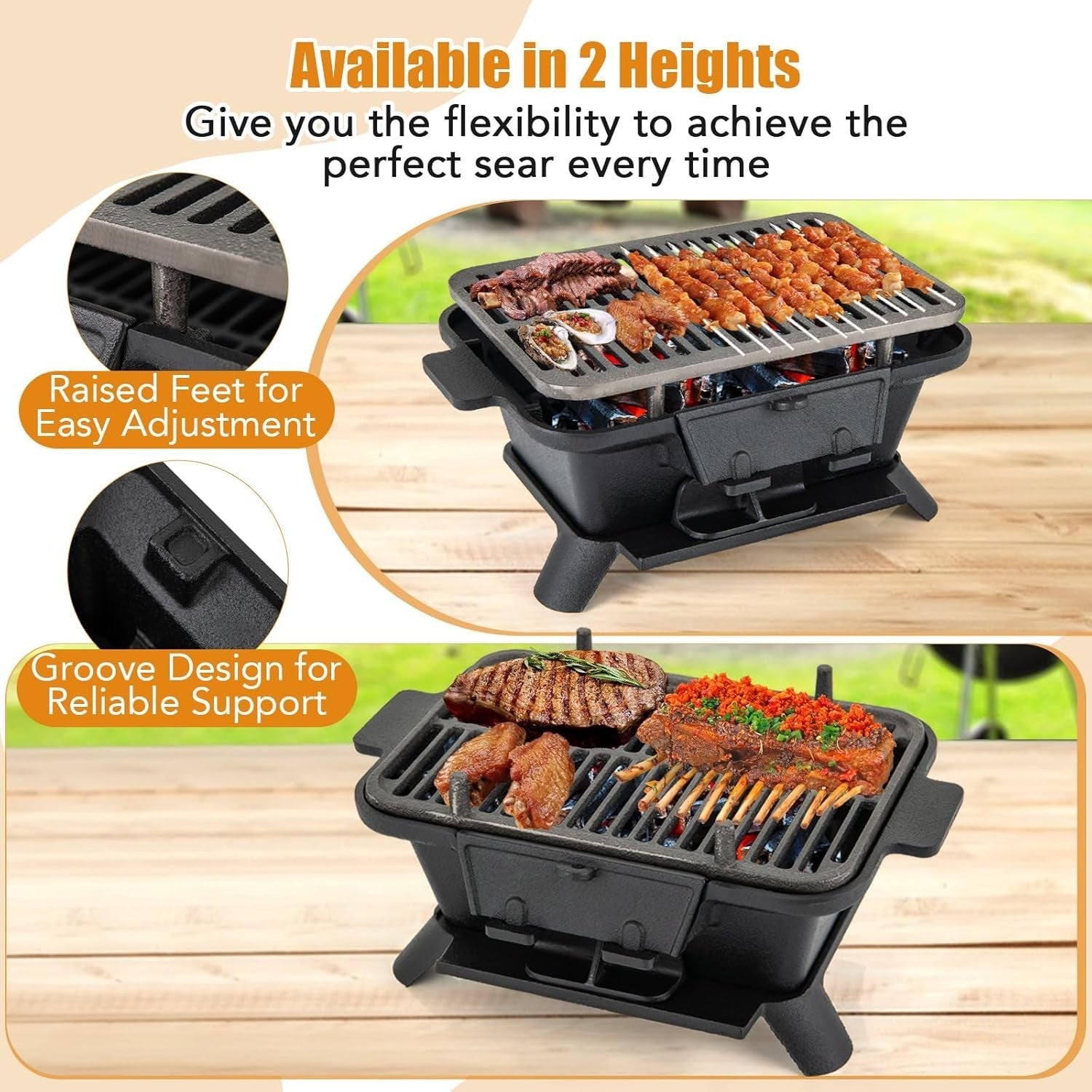 Portable Cast Iron Hibachi BBQ Grill Charcoal Stove Double Sided Grate Outdoor