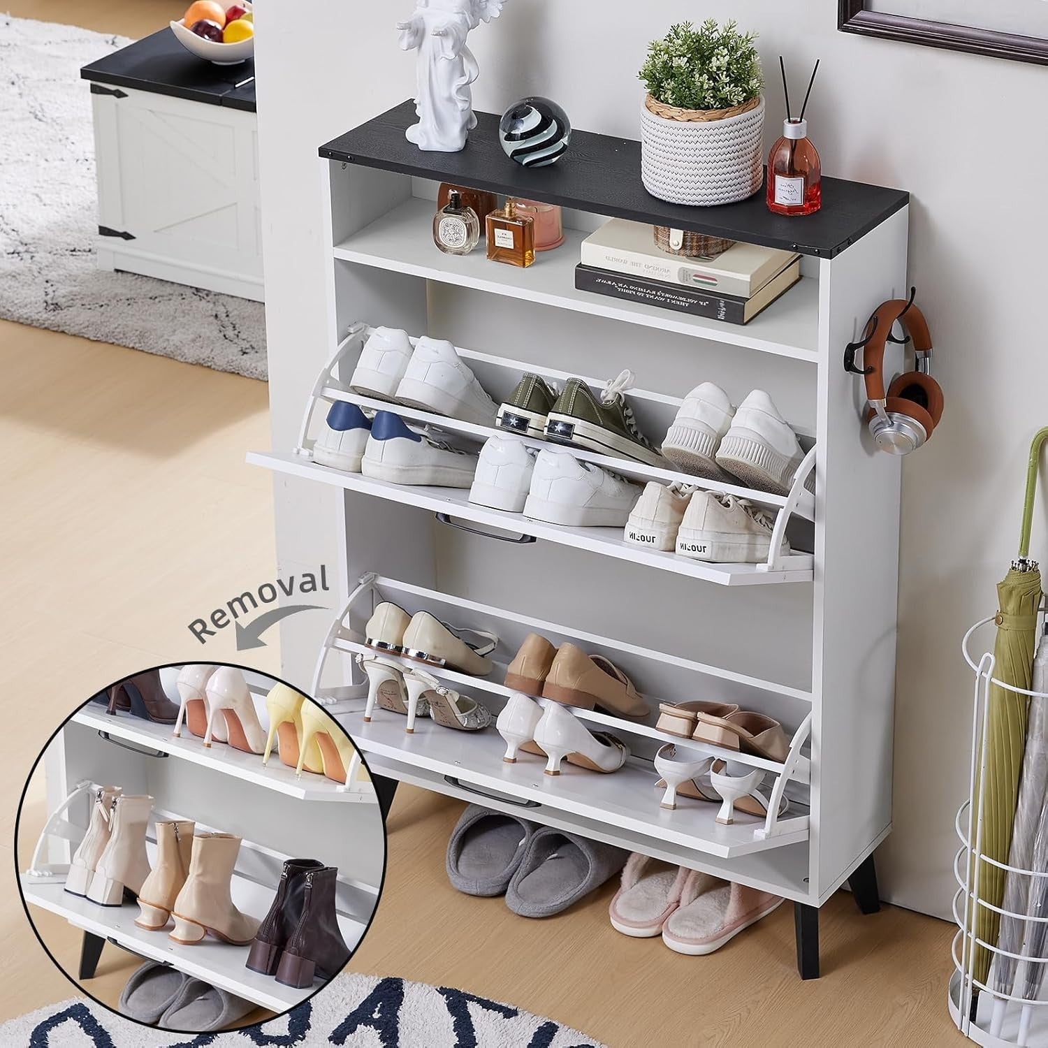 Slim White Two-Flip Door Shoe Cabinet – Space-Saving, Anti-Tip Design