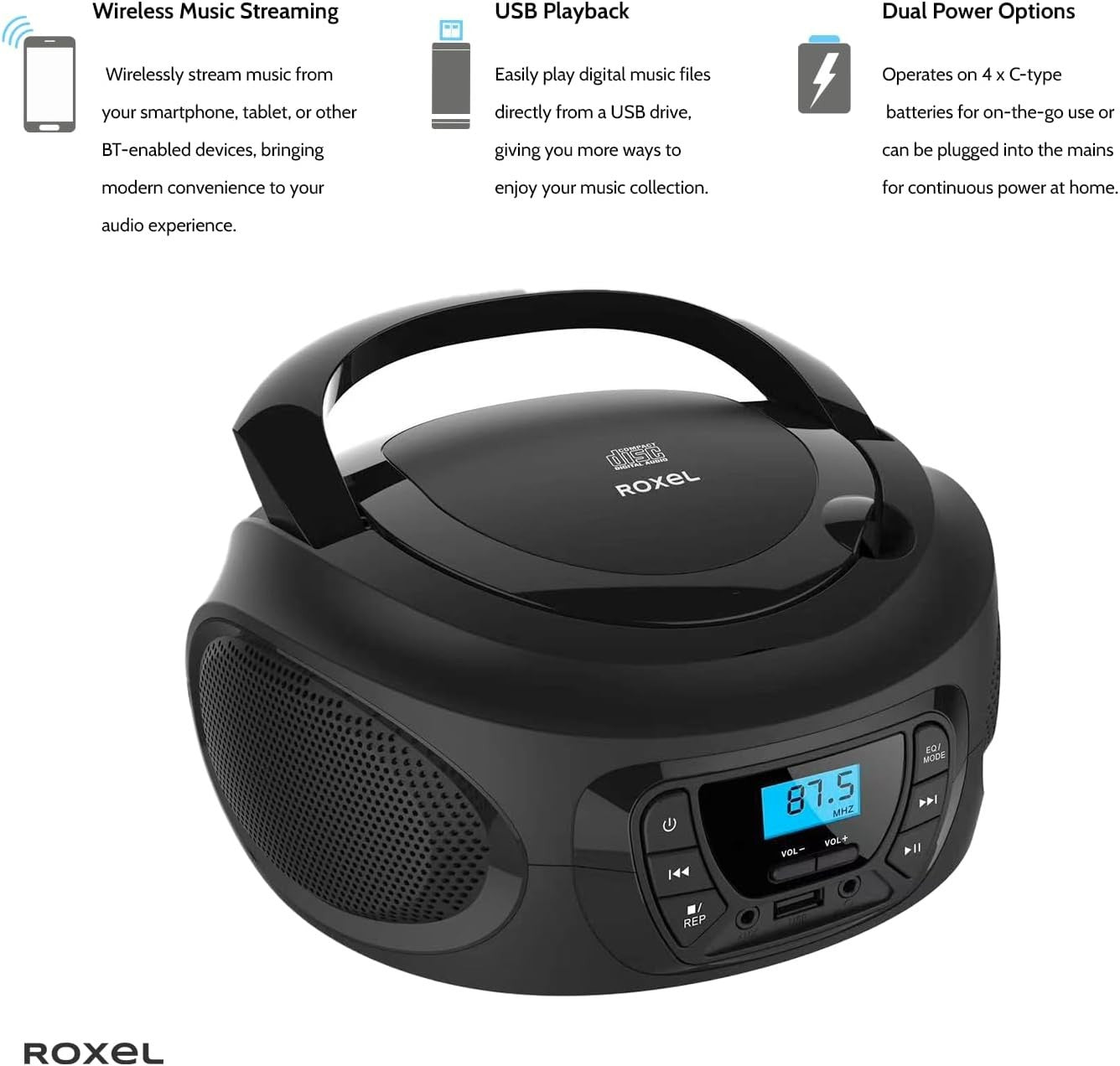 Portable CD Boombox with FM Radio, Bluetooth, USB, AUX & Headphone Jack