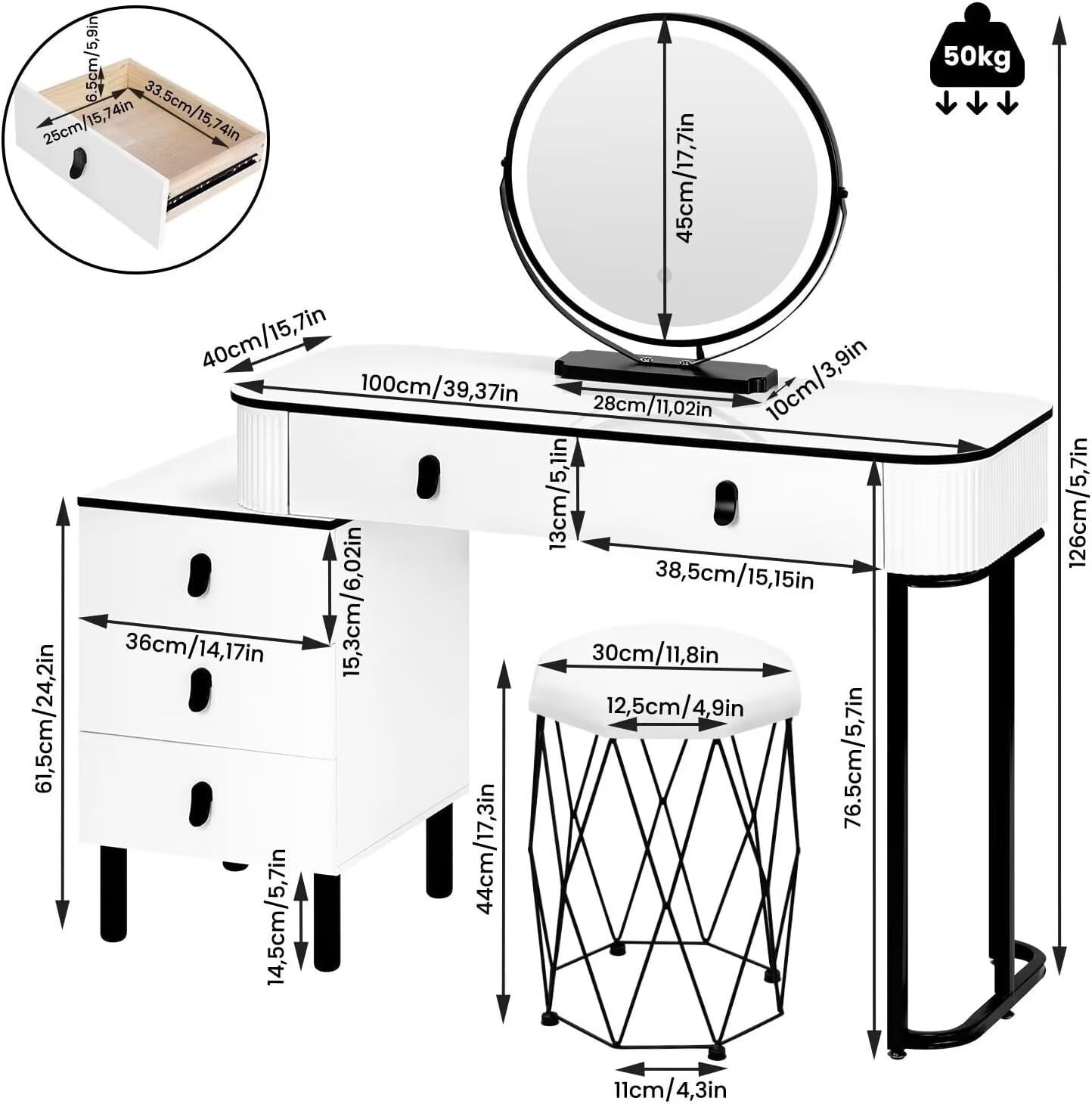 Dressing Table Stool Mirror Light Vanity Set White Makeup Desk Storage Drawers